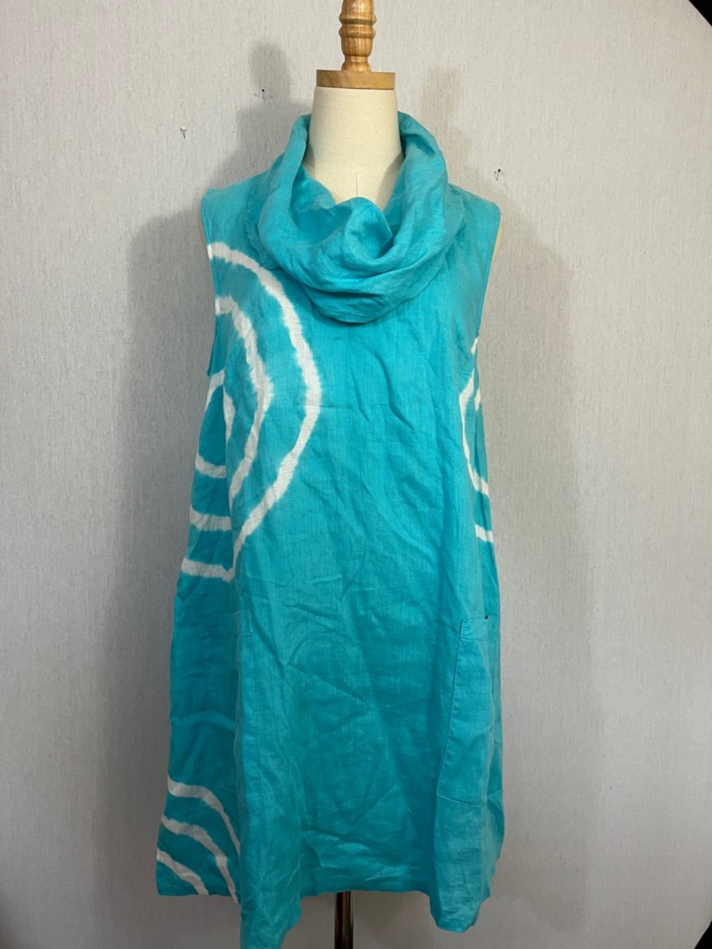 Vintage Match Point 100% linen Turquoise Tie-Dye Cowl Neck Tunic Dress USA